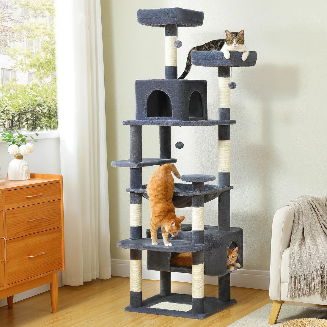 Albero tiragraffi XXL per gatti, 184 cm, 2 casette e amaca — foto 2