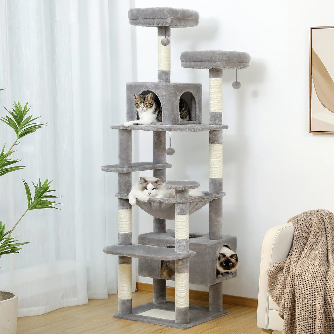 Albero tiragraffi XXL per gatti, 184 cm, 2 casette e amaca — foto 3