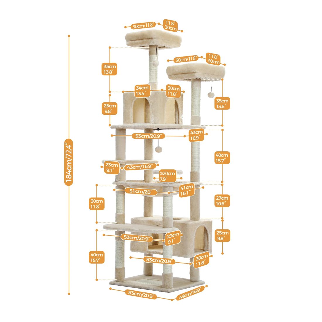 Albero tiragraffi XXL per gatti, 184 cm, 2 casette e amaca — schema dimensioni: altezza 184 cm, base 53 × 43 cm