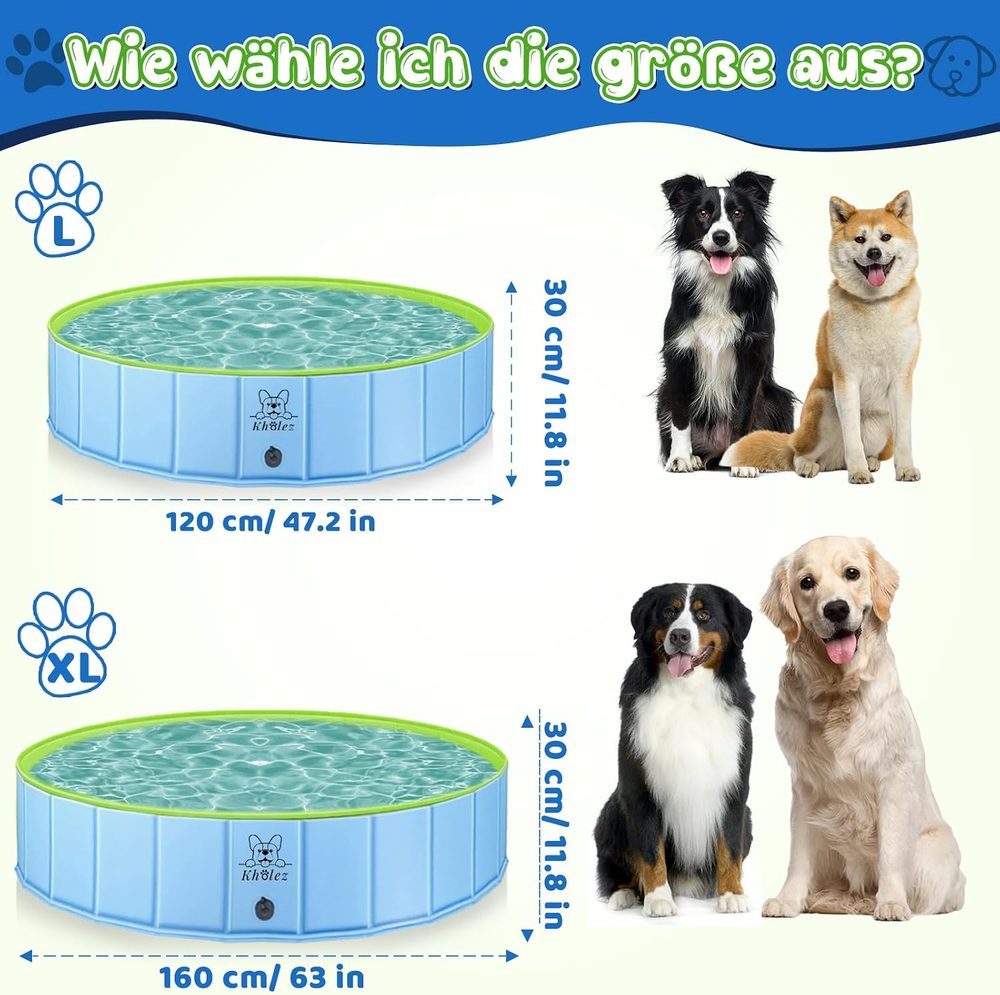 Größenvergleich: 120-cm-Becken für mittelgroße Hunde und 160-cm-Becken für große Rassen