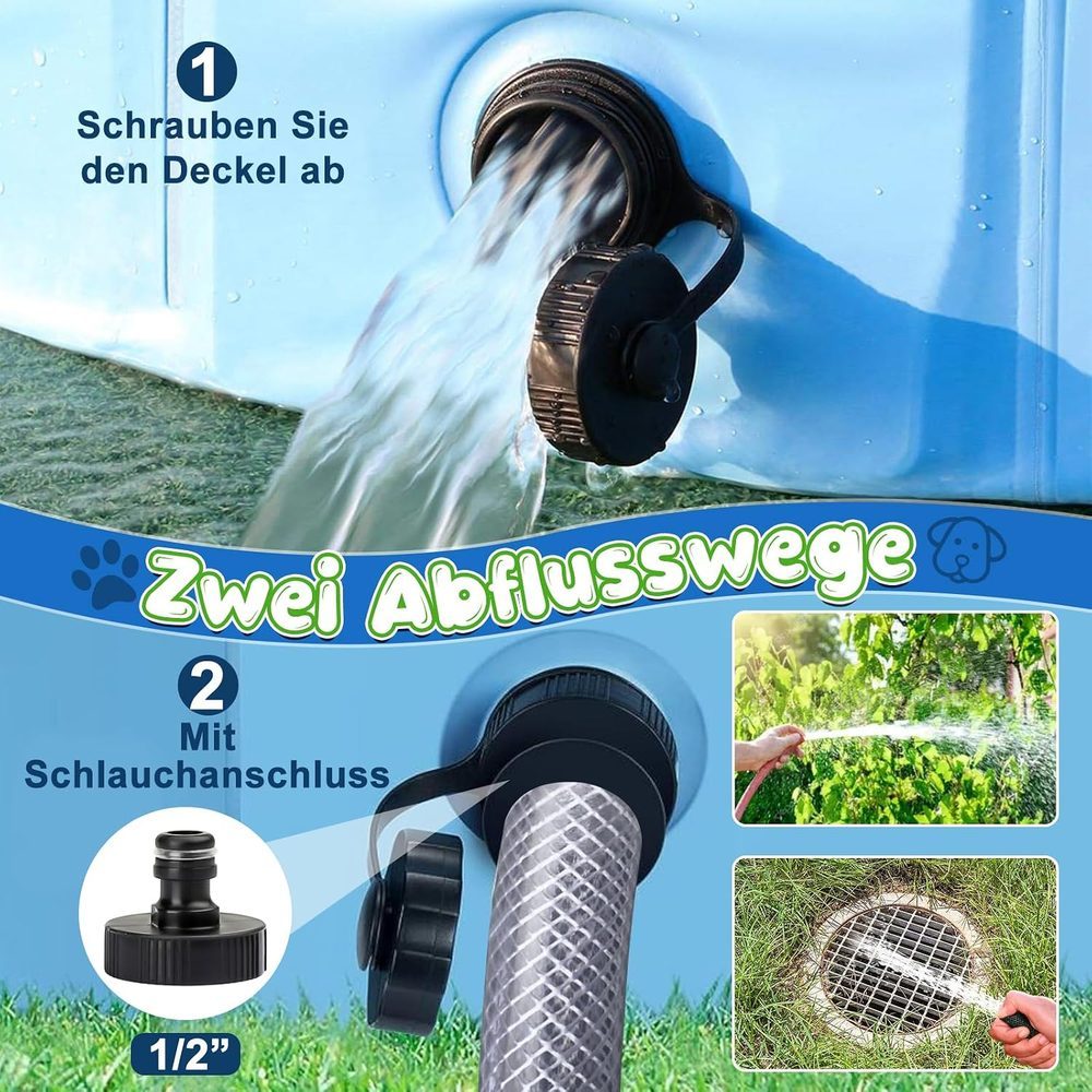 Zwei Möglichkeiten zum Entleeren: Öffnen Sie die Ventilkappe oder schließen Sie einen Gartenschlauch an