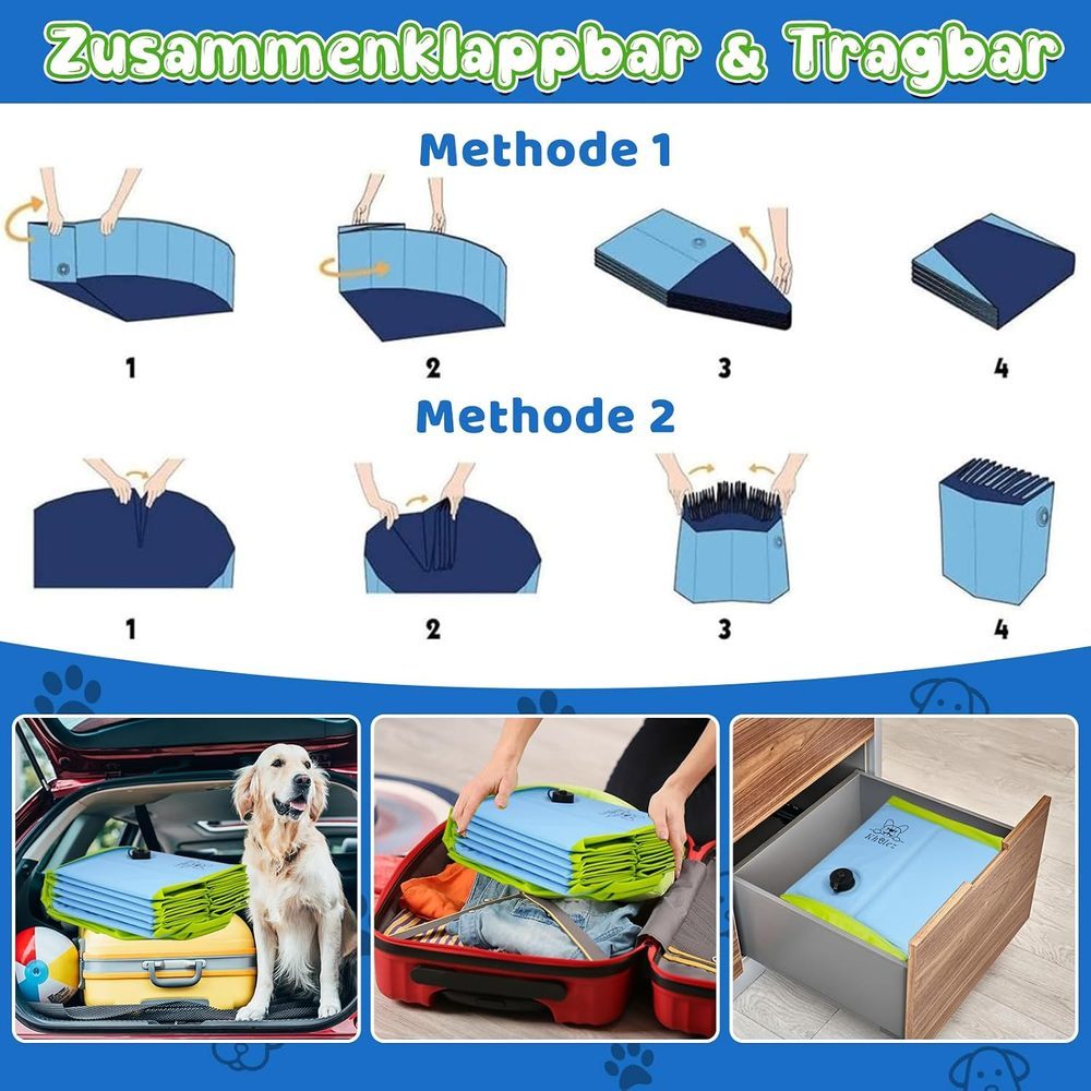 Der Pool lässt sich flach zusammenklappen und im Kofferraum, Koffer oder in der Schublade verstauen