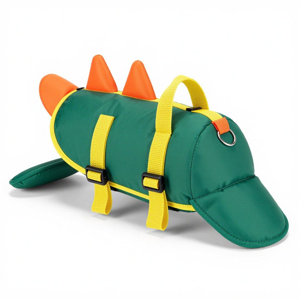 Dog life jacket — 8 animal designs — Dino, rear view